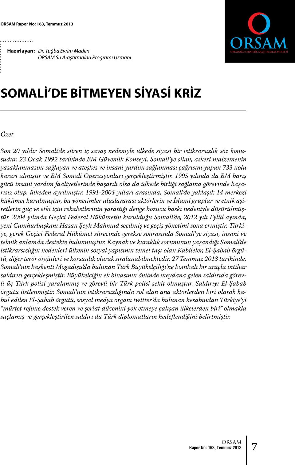 23 Ocak 1992 tarihinde BM Güvenlik Konseyi, Somali ye silah, askeri malzemenin yasaklanmasını sağlayan ve ateşkes ve insani yardım sağlanması çağrısını yapan 733 nolu kararı almıştır ve BM Somali