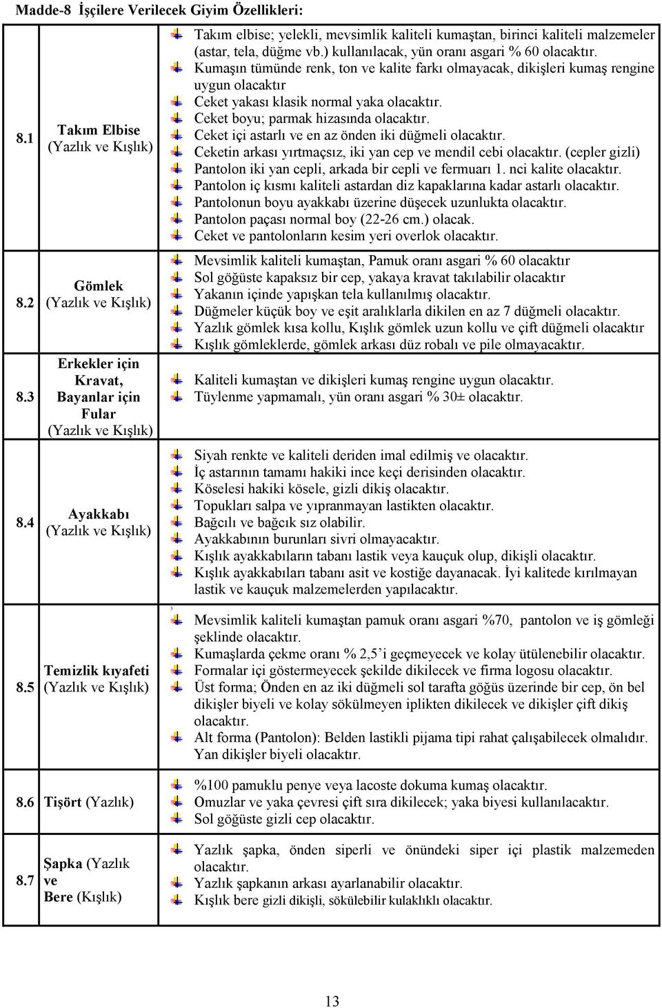 kumaştan, birinci kaliteli malzemeler (astar, tela, düğme vb.) kullanılacak, yün oranı asgari % 60 olacaktır.