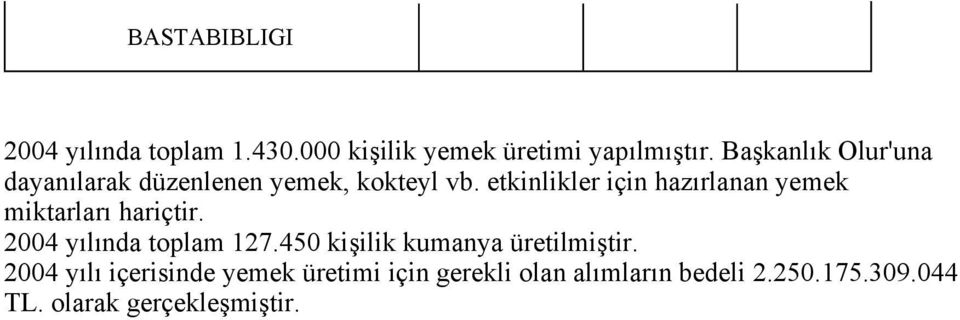 etkinlikler için hazırlanan yemek miktarları hariçtir. 2004 yılında toplam 127.