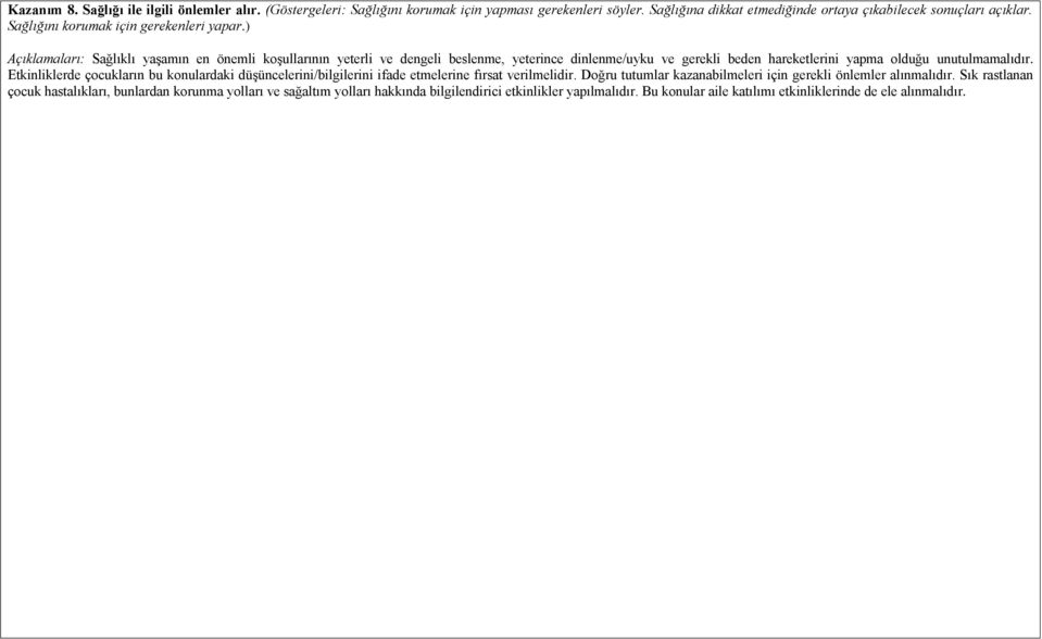 ) Açıklamaları: Sağlıklı yaşamın en önemli koşullarının yeterli ve dengeli beslenme, yeterince dinlenme/uyku ve gerekli beden hareketlerini yapma olduğu unutulmamalıdır.