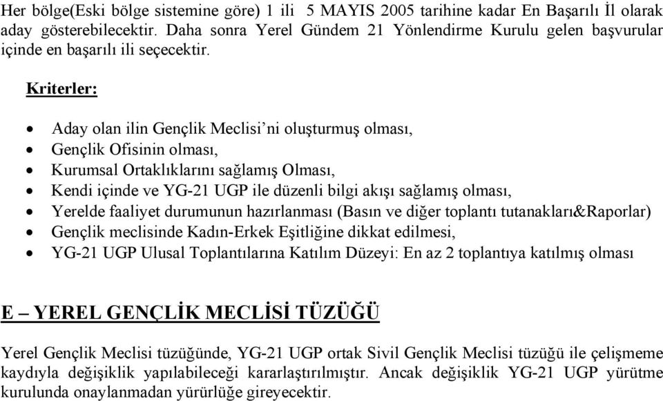 Kriterler: Aday olan ilin Gençlik Meclisi ni oluşturmuş olması, Gençlik Ofisinin olması, Kurumsal Ortaklıklarını sağlamış Olması, Kendi içinde ve YG-21 UGP ile düzenli bilgi akışı sağlamış olması,