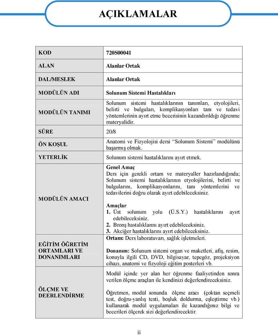 kazandırıldığı öğrenme materyalidir. Anatomi ve Fizyolojisi dersi Solunum Sistemi modülünü baģarmıģ olmak. Solunum sistemi hastalıklarını ayırt etmek.