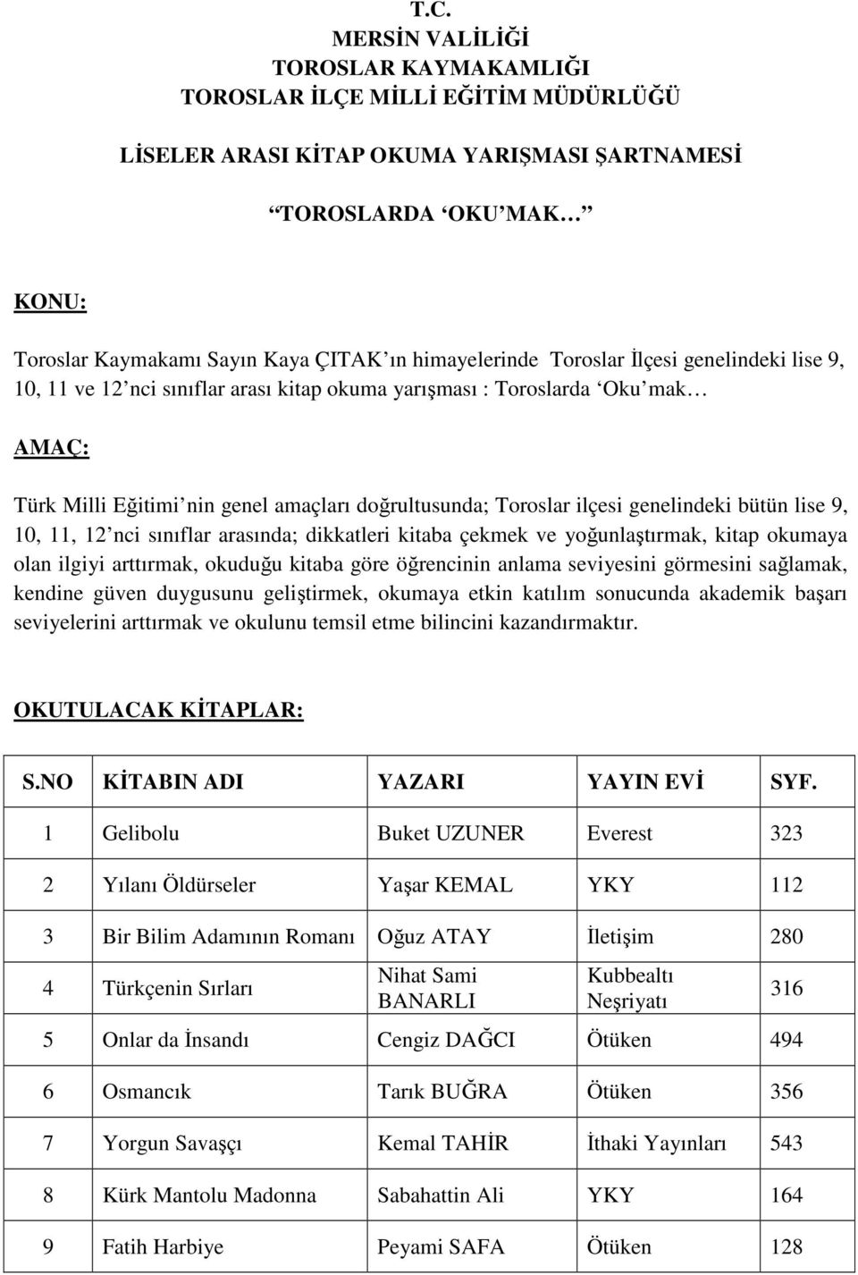 genelindeki bütün lise 9, 10, 11, 12 nci sınıflar arasında; dikkatleri kitaba çekmek ve yoğunlaştırmak, kitap okumaya olan ilgiyi arttırmak, okuduğu kitaba göre öğrencinin anlama seviyesini görmesini