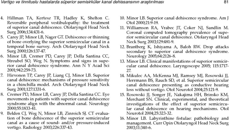 Dehiscence or thinning of bone overlying the superior semicircular canal in a temporal bone survey. Arch Otolaryngol Head Neck Surg 2000;126:137-47. 6.