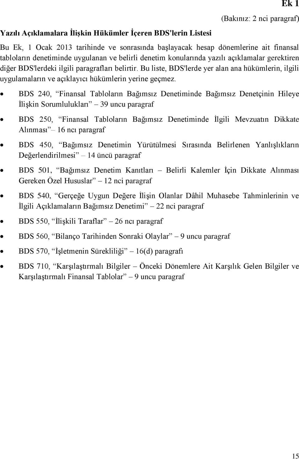 Bu liste, BDS'lerde yer alan ana hükümlerin, ilgili uygulamaların ve açıklayıcı hükümlerin yerine geçmez.