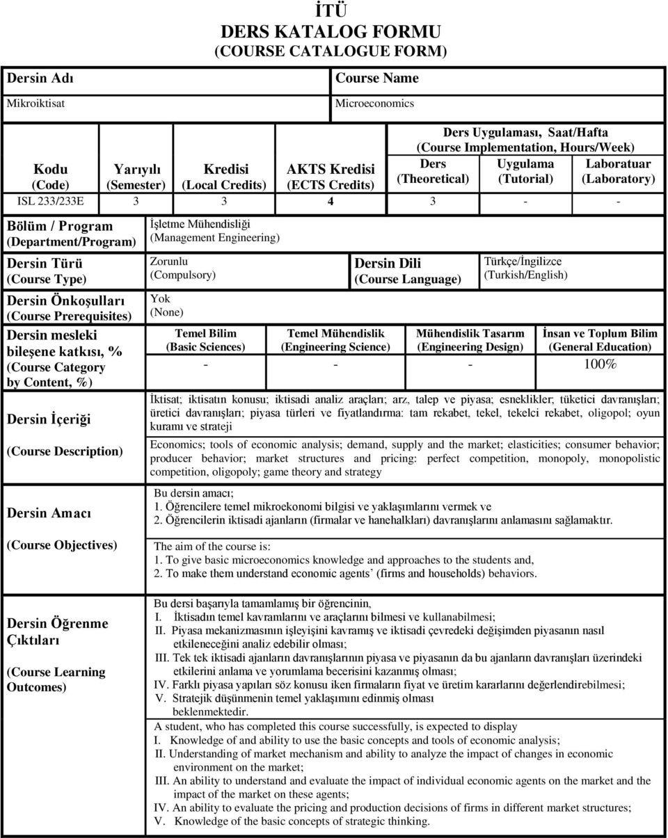 Dersin Önkoşulları (Course Prerequisites) Dersin mesleki bileşene katkısı, % (Course Category by Content, %) Dersin İçeriği (Course Description) Dersin Amacı İşletme Mühendisliği (Management