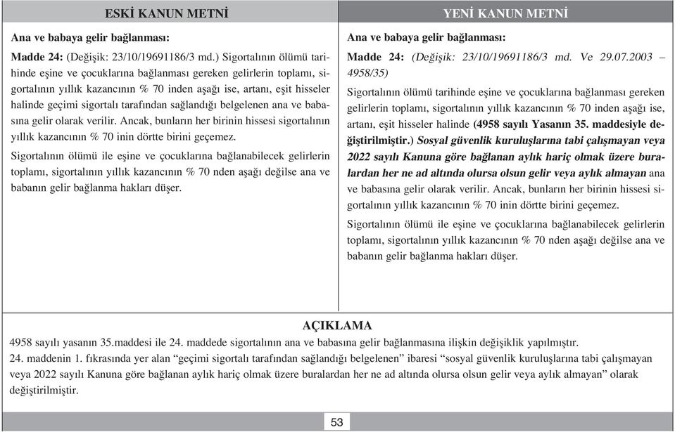 sa land belgelenen ana ve babas na gelir olarak verilir. Ancak, bunlar n her birinin hissesi sigortal n n y ll k kazanc n n % 70 inin dörtte birini geçemez.