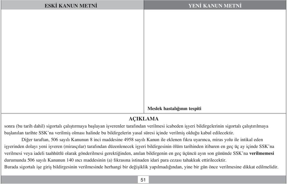 Di er taraftan, 506 say l Kanunun 8 inci maddesine 4958 say l Kanun ile eklenen f kra uyar nca, miras yolu ile intikal eden iflyerinden dolay yeni iflveren (mirasç lar) taraf ndan düzenlenecek