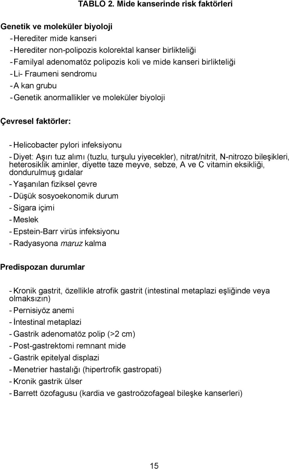 birlikteliği - Li- Fraumeni sendromu - A kan grubu - Genetik anormallikler ve moleküler biyoloji Çevresel faktörler: - Helicobacter pylori infeksiyonu - Diyet: Aşırı tuz alımı (tuzlu, turşulu