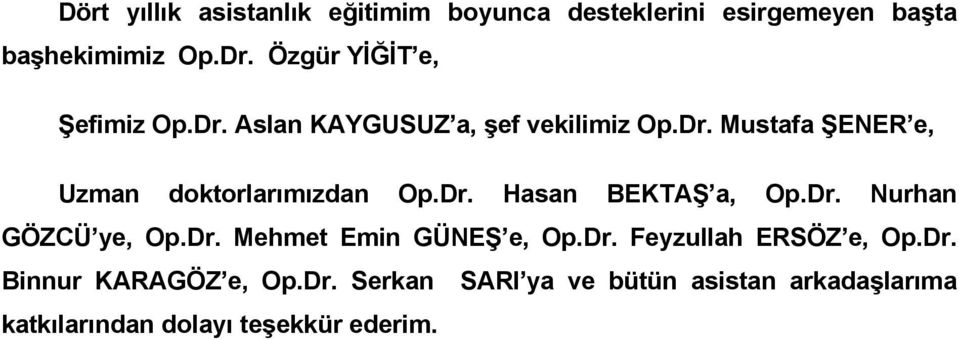 Dr. Hasan BEKTAŞ a, Op.Dr. Nurhan GÖZCÜ ye, Op.Dr. Mehmet Emin GÜNEŞ e, Op.Dr. Feyzullah ERSÖZ e, Op.Dr. Binnur KARAGÖZ e, Op.