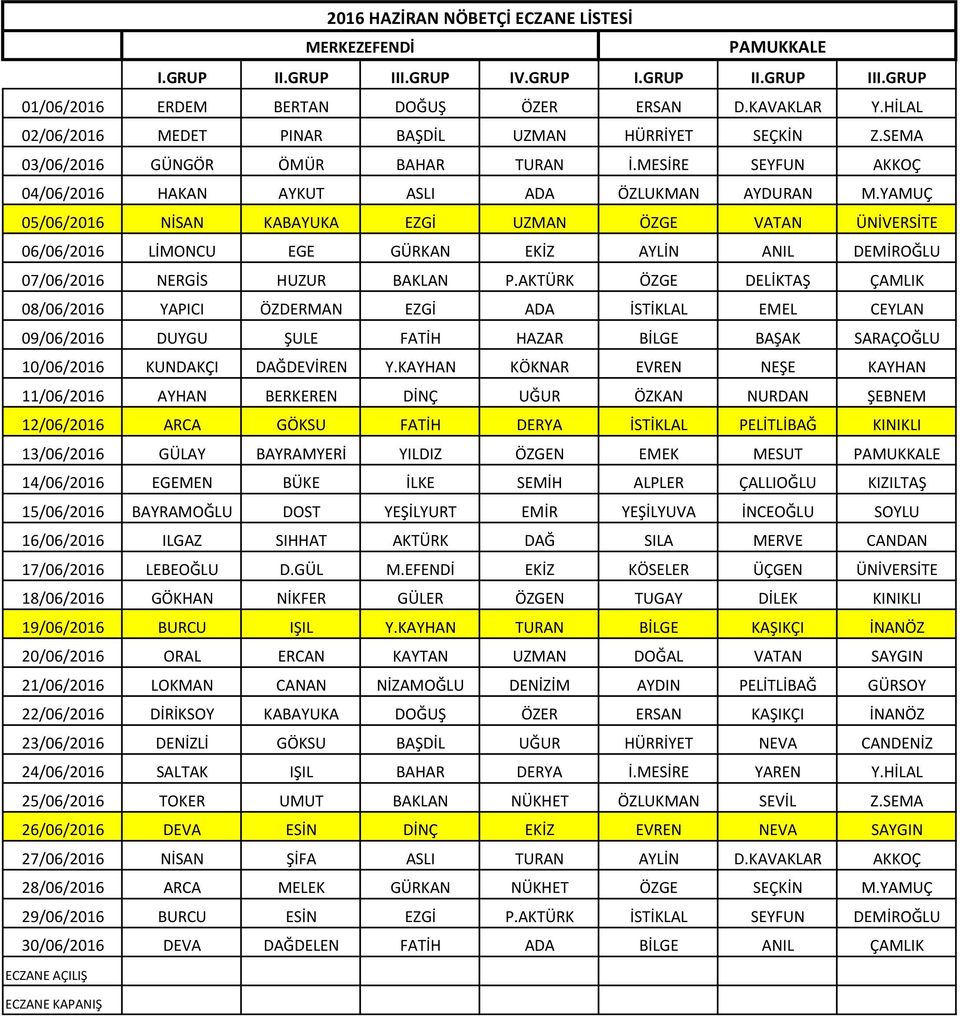 YAMUÇ 05/06/2016 NİSAN KABAYUKA EZGİ UZMAN ÖZGE VATAN ÜNİVERSİTE 06/06/2016 LİMONCU EGE GÜRKAN EKİZ AYLİN ANIL DEMİROĞLU 07/06/2016 NERGİS HUZUR BAKLAN P.