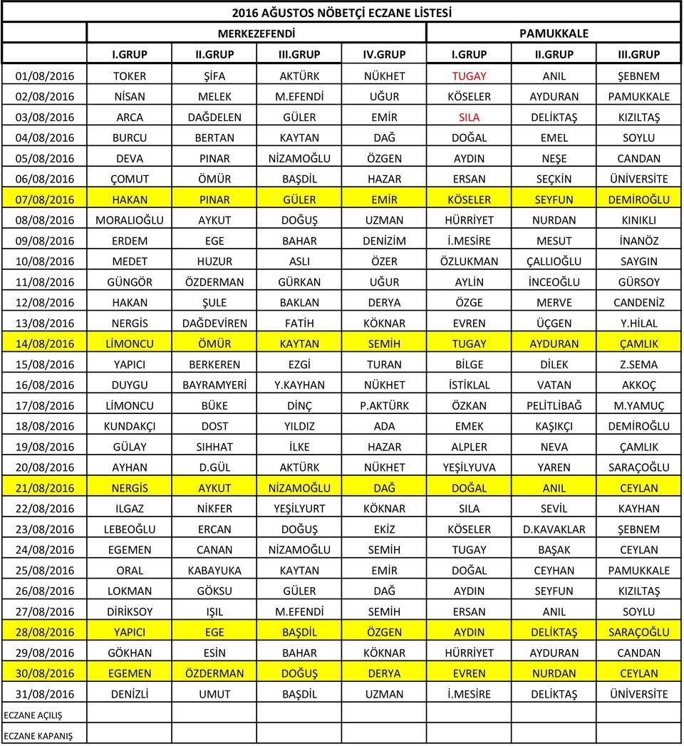 06/08/2016 ÇOMUT ÖMÜR BAŞDİL HAZAR ERSAN SEÇKİN ÜNİVERSİTE 07/08/2016 HAKAN PINAR GÜLER EMİR KÖSELER SEYFUN DEMİROĞLU 08/08/2016 MORALIOĞLU AYKUT DOĞUŞ UZMAN HÜRRİYET NURDAN KINIKLI 09/08/2016 ERDEM