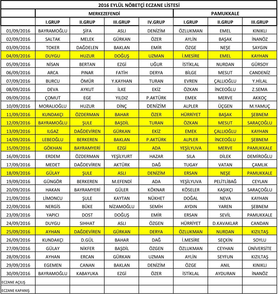KAYHAN TURAN EVREN ÇALLIOĞLU Y.HİLAL 08/09/2016 DEVA AYKUT İLKE EKİZ ÖZKAN İNCEOĞLU Z.SEMA 09/09/2016 ÇOMUT EGE YILDIZ P.