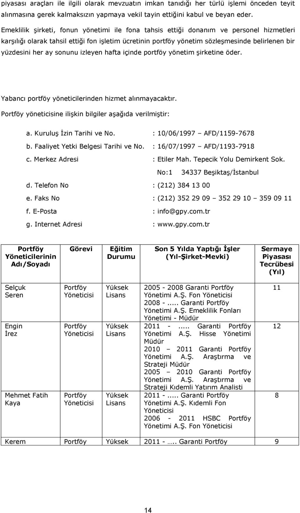 ay sonunu izleyen hafta içinde portföy yönetim şirketine öder. Yabancı portföy yöneticilerinden hizmet alınmayacaktır. Portföy yöneticisine ilişkin bilgiler aşağıda verilmiştir: a.