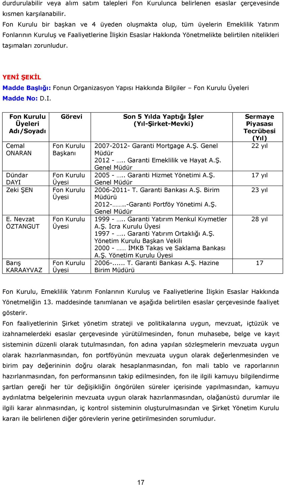 zorunludur. YENİ ŞEKİL Madde Başlığı: Fonun Organizasyon Yapısı Hakkında Bilgiler Fon Kurulu Üyeleri Madde No: D.I. Fon Kurulu Üyeleri Adı/Soyadı Cemal ONARAN Dündar DAYI Zeki ŞEN E.