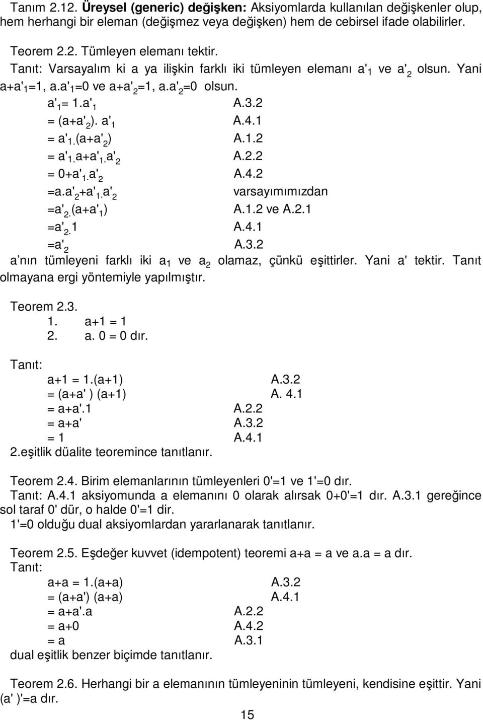 (a+a' 2 ) A.1.2 = a' 1. a+a' 1. a' 2 A.2.2 = 0+a' 1. a' 2 A.4.2 =a.a' 2 +a' 1. a' 2 varsayımımızdan =a' 2. (a+a' 1 ) A.1.2 ve A.2.1 =a' 2. 1 A.4.1 =a' 2 A.3.