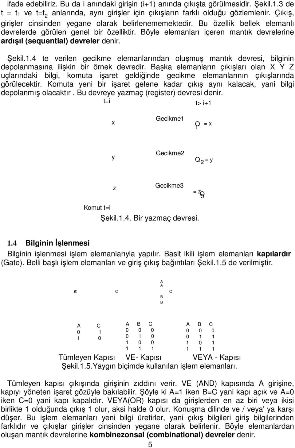 Böyle elemanları içeren mantık devrelerine ardışıl (sequential) devreler denir. Şekil.1.4 te verilen gecikme elemanlarından oluşmuş mantık devresi, bilginin depolanmasına ilişkin bir örnek devredir.