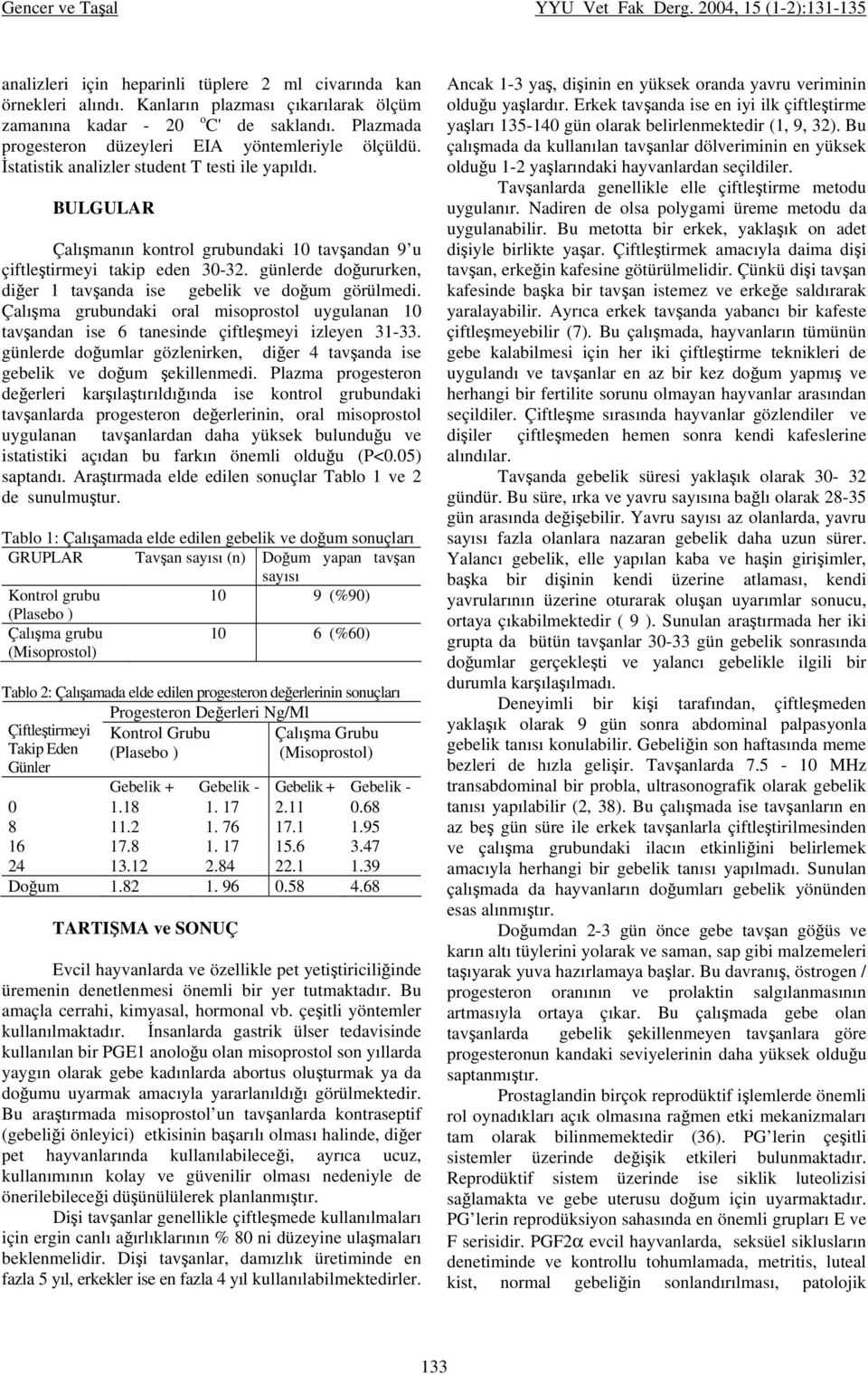 günlerde doğururken, diğer 1 tavşanda ise gebelik ve doğum görülmedi. Çalışma grubundaki oral misoprostol uygulanan 10 tavşandan ise 6 tanesinde çiftleşmeyi izleyen 31-33.