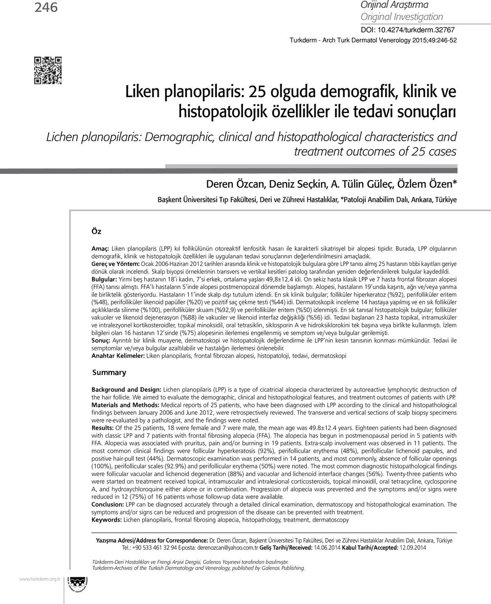 characteristics and treatment outcomes of 25 cases Deren Özcan, Deniz Seçkin, A.