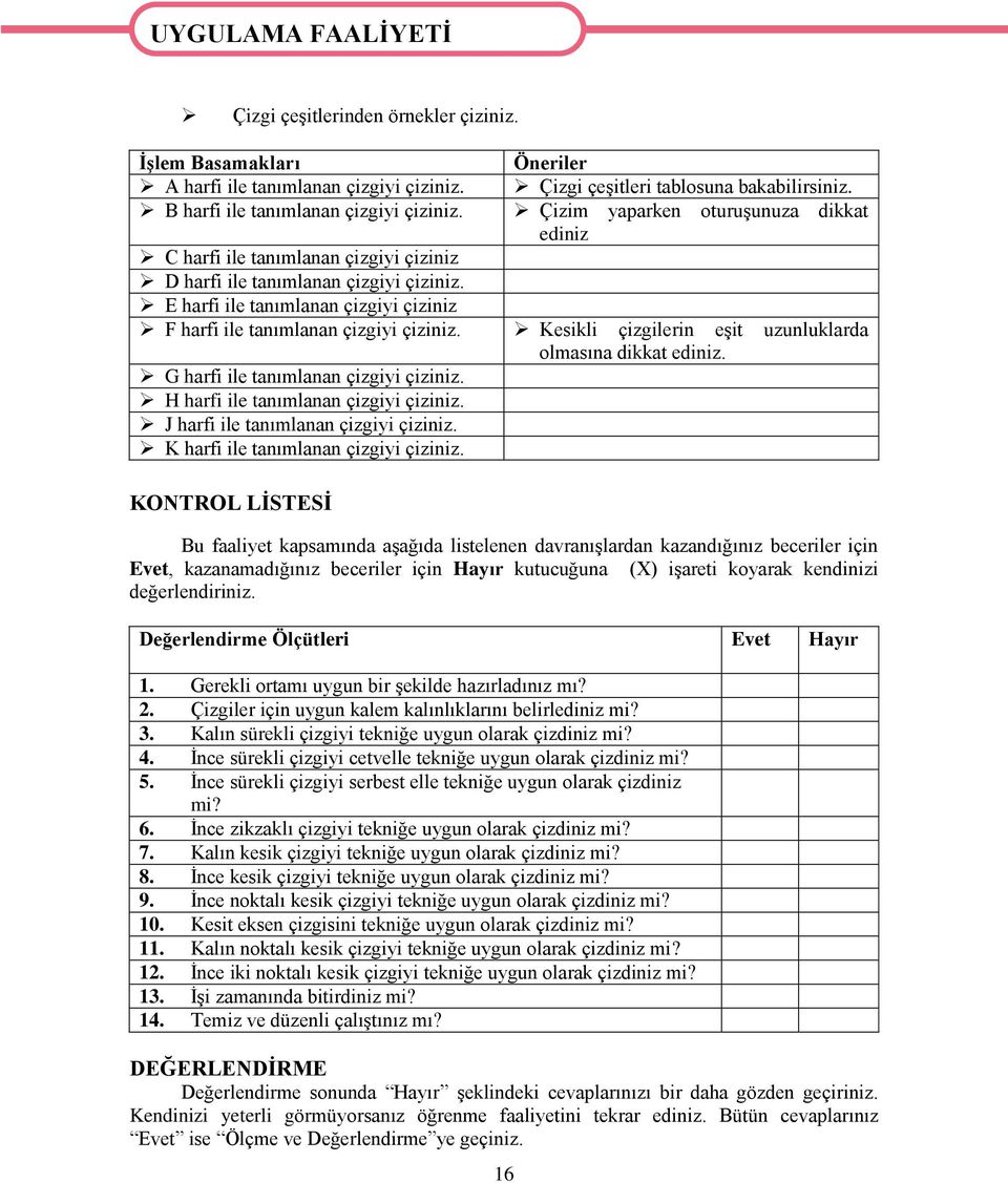 E harfi ile tanımlanan çizgiyi çiziniz F harfi ile tanımlanan çizgiyi çiziniz. Kesikli çizgilerin eģit uzunluklarda olmasına dikkat ediniz. G harfi ile tanımlanan çizgiyi çiziniz.