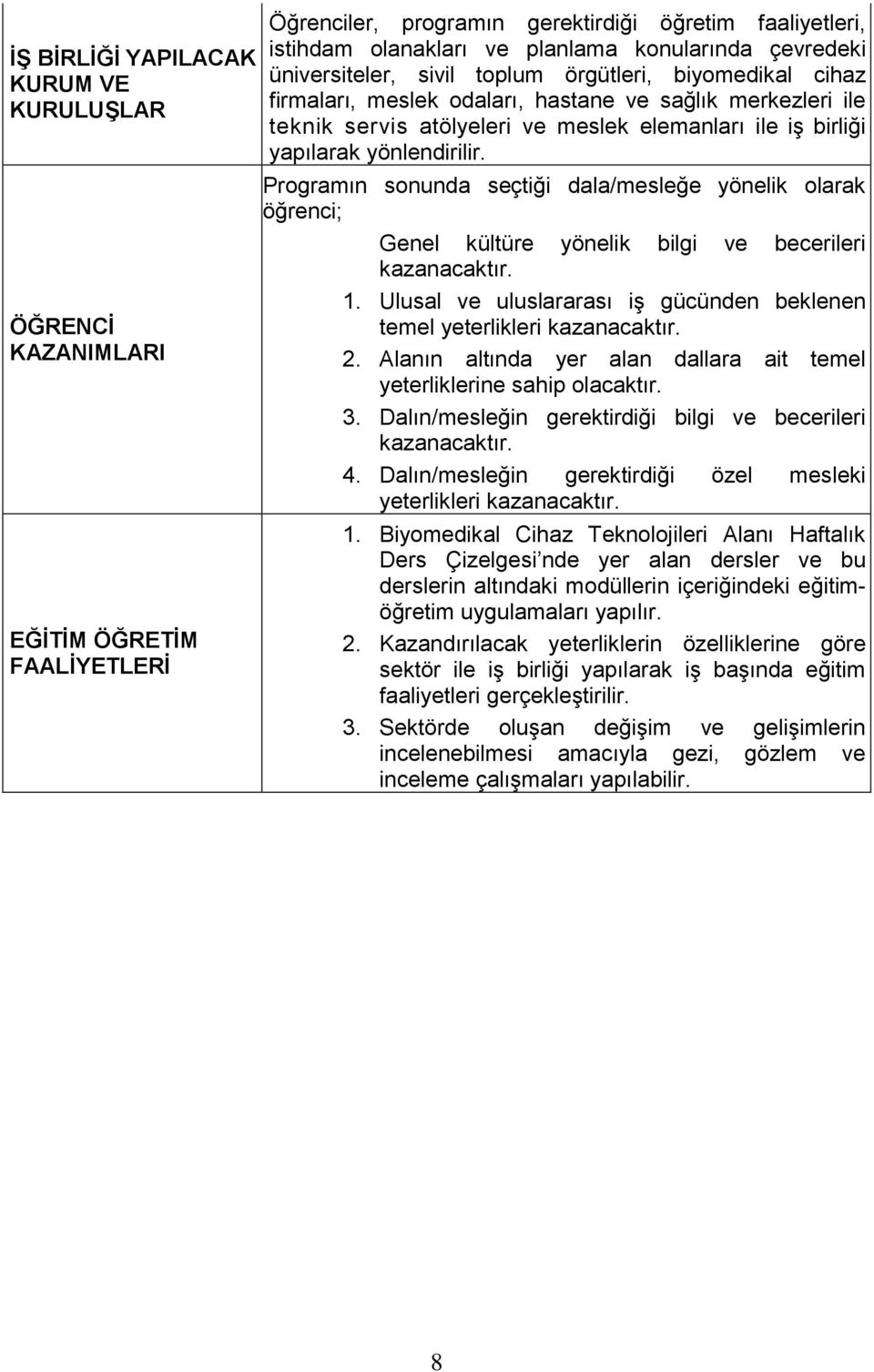 yönlendirilir. Programın sonunda seçtiği dala/mesleğe yönelik olarak öğrenci; Genel kültüre yönelik bilgi ve becerileri kazanacaktır. 1.