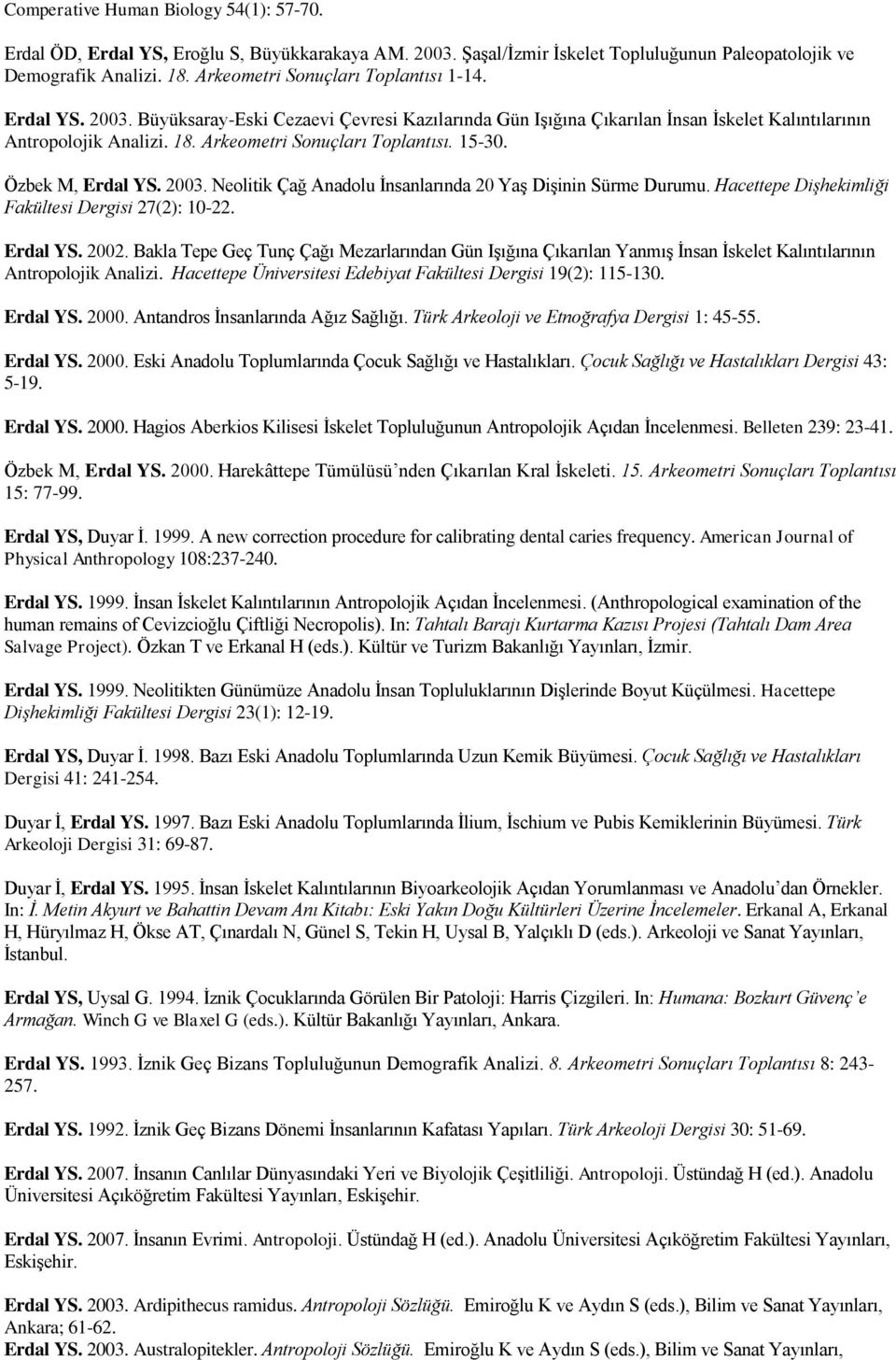 Arkeometri Sonuçları Toplantısı. 15-30. Özbek M, Erdal YS. 2003. Neolitik Çağ Anadolu İnsanlarında 20 Yaş Dişinin Sürme Durumu. Hacettepe Dişhekimliği Fakültesi Dergisi 27(2): 10-22. Erdal YS. 2002.