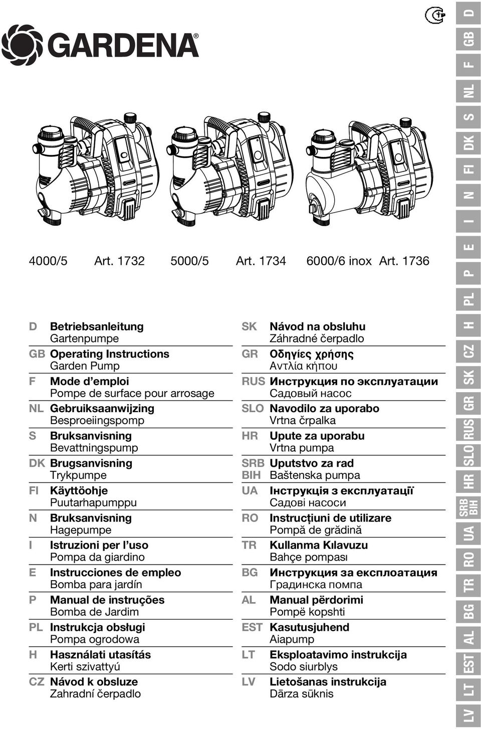 Brugsanvisning Trykpumpe FI Käyttöohje Puutarhapumppu N Bruksanvisning Hagepumpe I Istruzioni per l uso Pompa da giardino E Instrucciones de empleo Bomba para jardín P Manual de instruções Bomba de