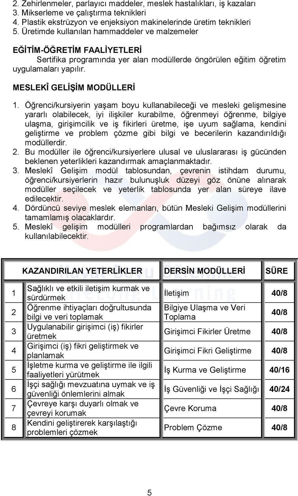 Öğrenci/kursiyerin yaşam boyu kullanabileceği ve mesleki gelişmesine yararlı olabilecek, iyi ilişkiler kurabilme, öğrenmeyi öğrenme, bilgiye ulaşma, girişimcilik ve iş fikirleri üretme, işe uyum