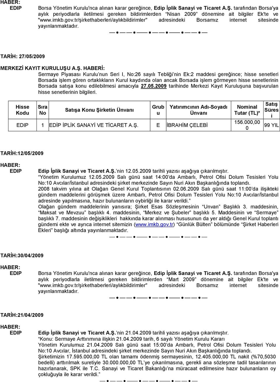 tr/şirkethaberleri/aylıkbildirimler" adresindeki Borsamız internet sitesinde yayınlanmaktadır. TARĐH: 27/05/2009 MERKEZĐ KAYIT KURULUŞU