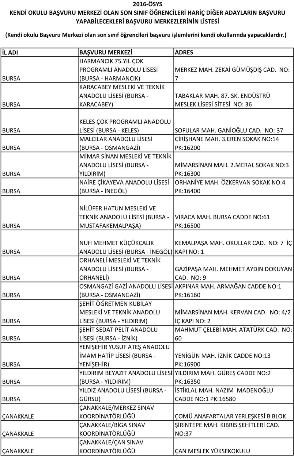 2.MERAL SOKAK NO:3 YILDIRIM) PK:16300 NAİRE ÇİKAYEVA ANADOLU LİSESİ ORHANİYE MAH.