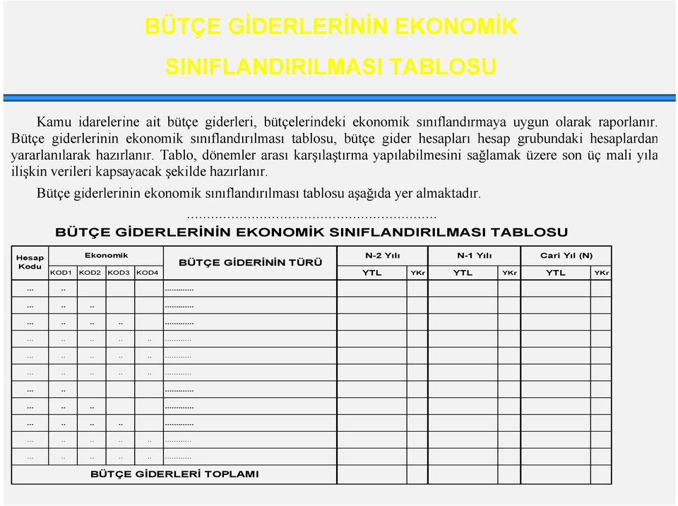 Tablo, dönemler arası karşılaştırma yapılabilmesini sağlamak üzere son üç mali yıla ilişkin verileri kapsayacak şekilde hazırlanır.