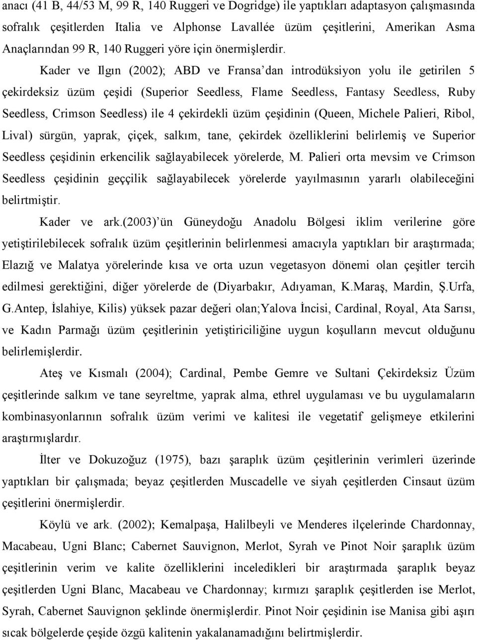 Kader ve Ilgın (2002); ABD ve Fransa dan introdüksiyon yolu ile getirilen 5 çekirdeksiz üzüm çeşidi (Superior Seedless, Flame Seedless, Fantasy Seedless, Ruby Seedless, Crimson Seedless) ile 4