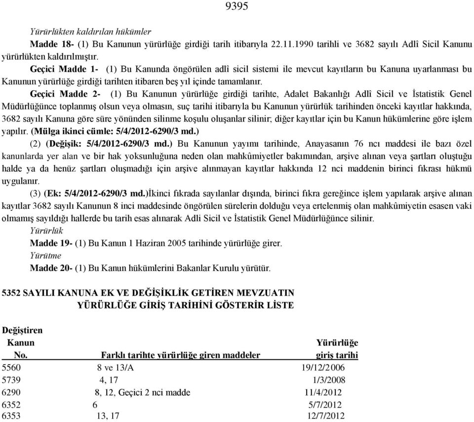 Geçici Madde 2- (1) Bu Kanunun yürürlüğe girdiği tarihte, Adalet Bakanlığı Adlî Sicil ve İstatistik Genel Müdürlüğünce toplanmış olsun veya olmasın, suç tarihi itibarıyla bu Kanunun yürürlük