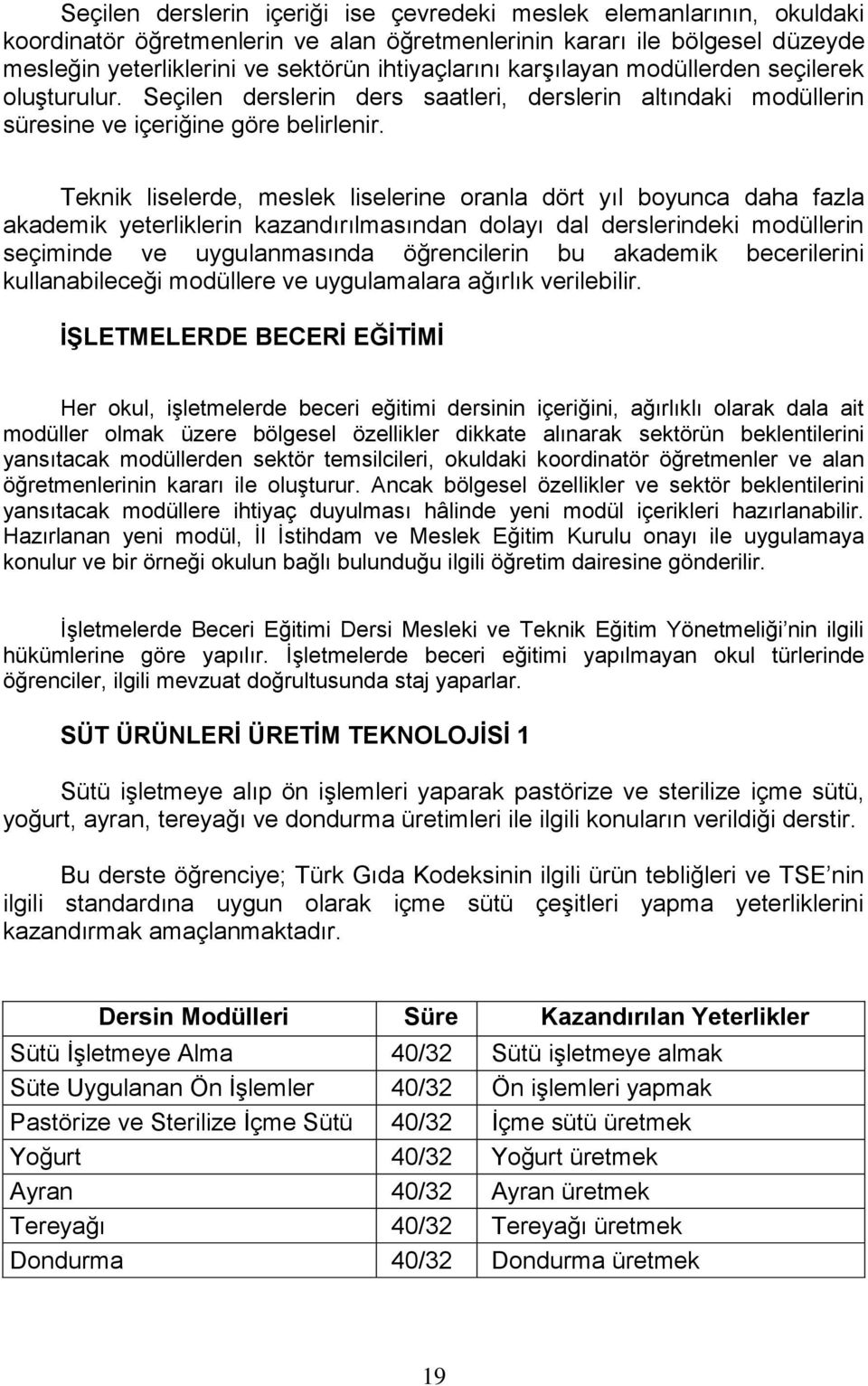 Teknik liselerde, meslek liselerine oranla dört yıl boyunca daha fazla akademik yeterliklerin kazandırılmasından dolayı dal derslerindeki modüllerin seçiminde ve uygulanmasında öğrencilerin bu