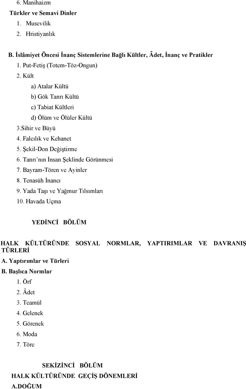 Şekil-Don Değiştirme 6. Tanrı nın İnsan Şeklinde Görünmesi 7. Bayram-Tören ve Ayinler 8. Tenasüh İnancı 9. Yada Taşı ve Yağmur Tılsımları 10.