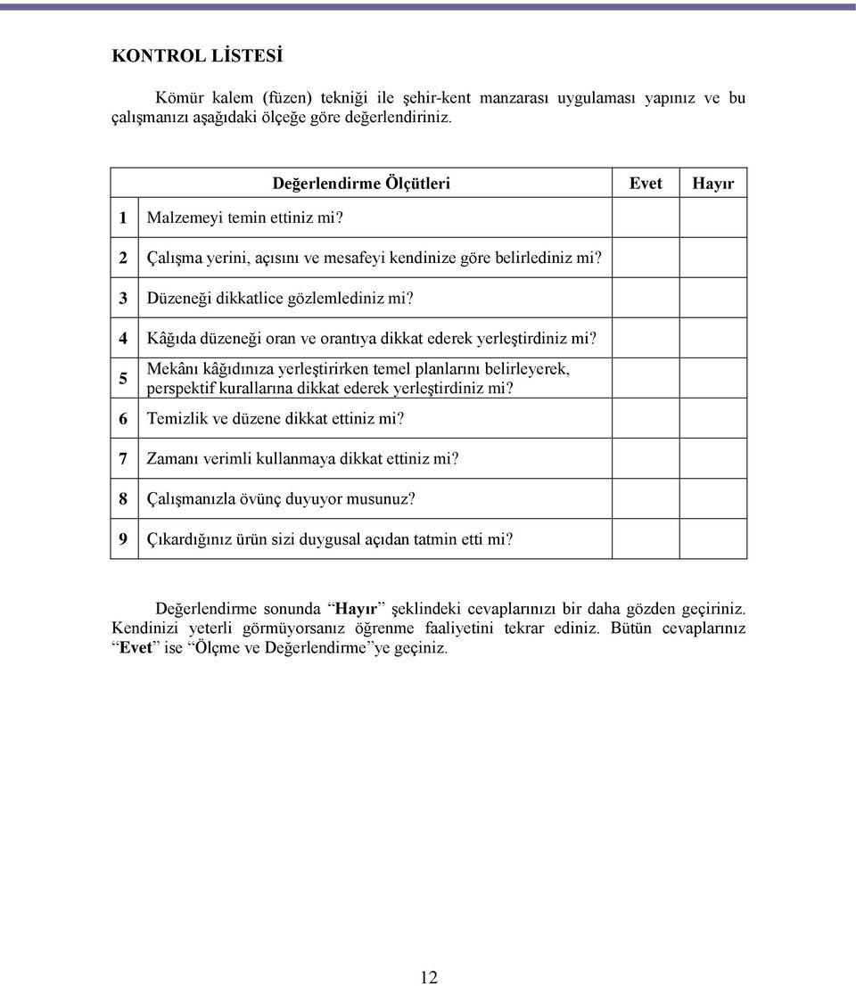 4 Kâğıda düzeneği oran ve orantıya dikkat ederek yerleştirdiniz mi? 5 Mekânı kâğıdınıza yerleştirirken temel planlarını belirleyerek, perspektif kurallarına dikkat ederek yerleştirdiniz mi?