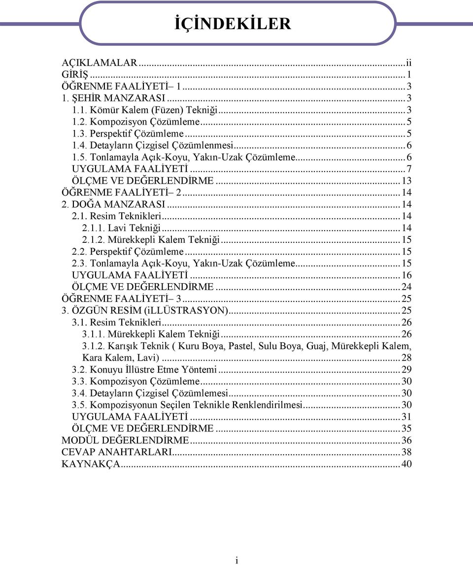 .. 14 2.1.1. Lavi Tekniği... 14 2.1.2. Mürekkepli Kalem Tekniği... 15 2.2. Perspektif Çözümleme... 15 2.3. Tonlamayla Açık-Koyu, Yakın-Uzak Çözümleme... 15 UYGULAMA FAALİYETİ.