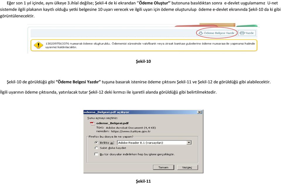 belgesine 10 uyarı verecek ve ilgili uyarı için ödeme oluşturulup ödeme e-devlet ekranında Şekil-10 da ki gibi görüntülenecektir.