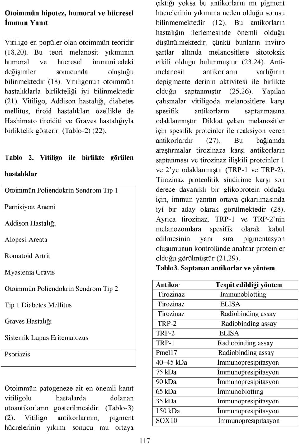Vitiligo, Addison hastalığı, diabetes mellitus, tiroid hastalıkları özellikle de Hashimato tiroiditi ve Graves hastalığıyla birliktelik gösterir. (Tablo-2) (22). Tablo 2.