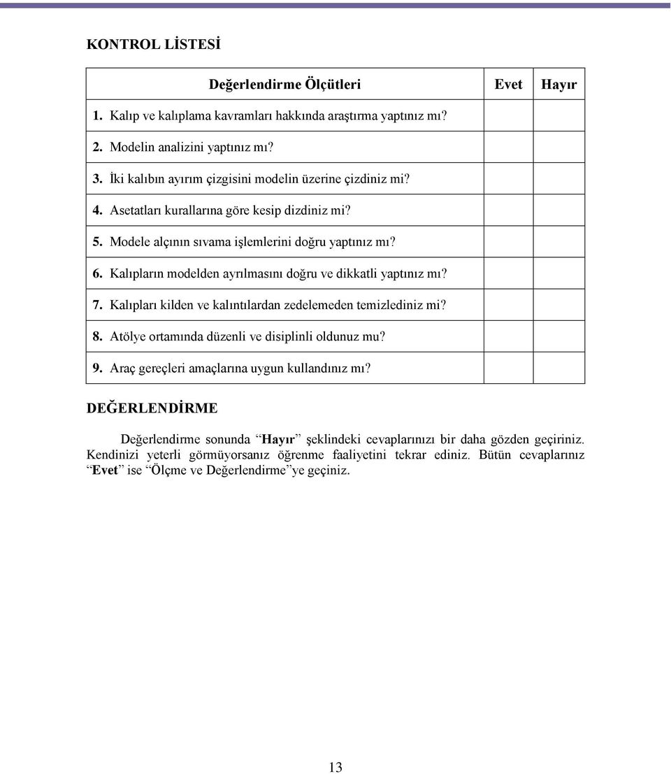 Kalıpların modelden ayrılmasını doğru ve dikkatli yaptınız mı? 7. Kalıpları kilden ve kalıntılardan zedelemeden temizlediniz mi? 8. Atölye ortamında düzenli ve disiplinli oldunuz mu? 9.