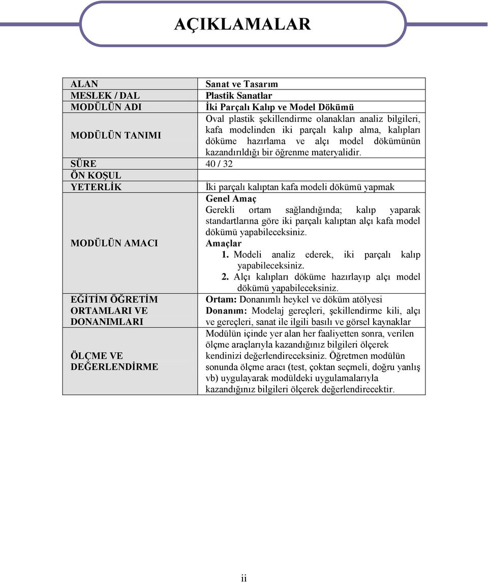 SÜRE 40 / 32 ÖN KOŞUL YETERLİK İki parçalı kalıptan kafa modeli dökümü yapmak Genel Amaç Gerekli ortam sağlandığında; kalıp yaparak standartlarına göre iki parçalı kalıptan alçı kafa model dökümü