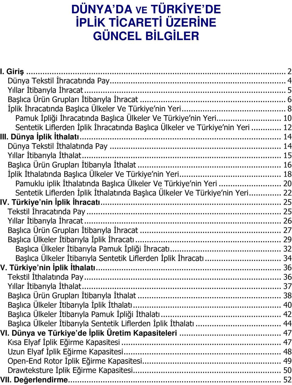 .. 10 Sentetik Liflerden İplik İhracatında Başlıca Ülkeler ve Türkiye nin Yeri... 12 III. Dünya İplik İthalatı... 14 Dünya Tekstil İthalatında Pay... 14 Yıllar İtibarıyla İthalat.