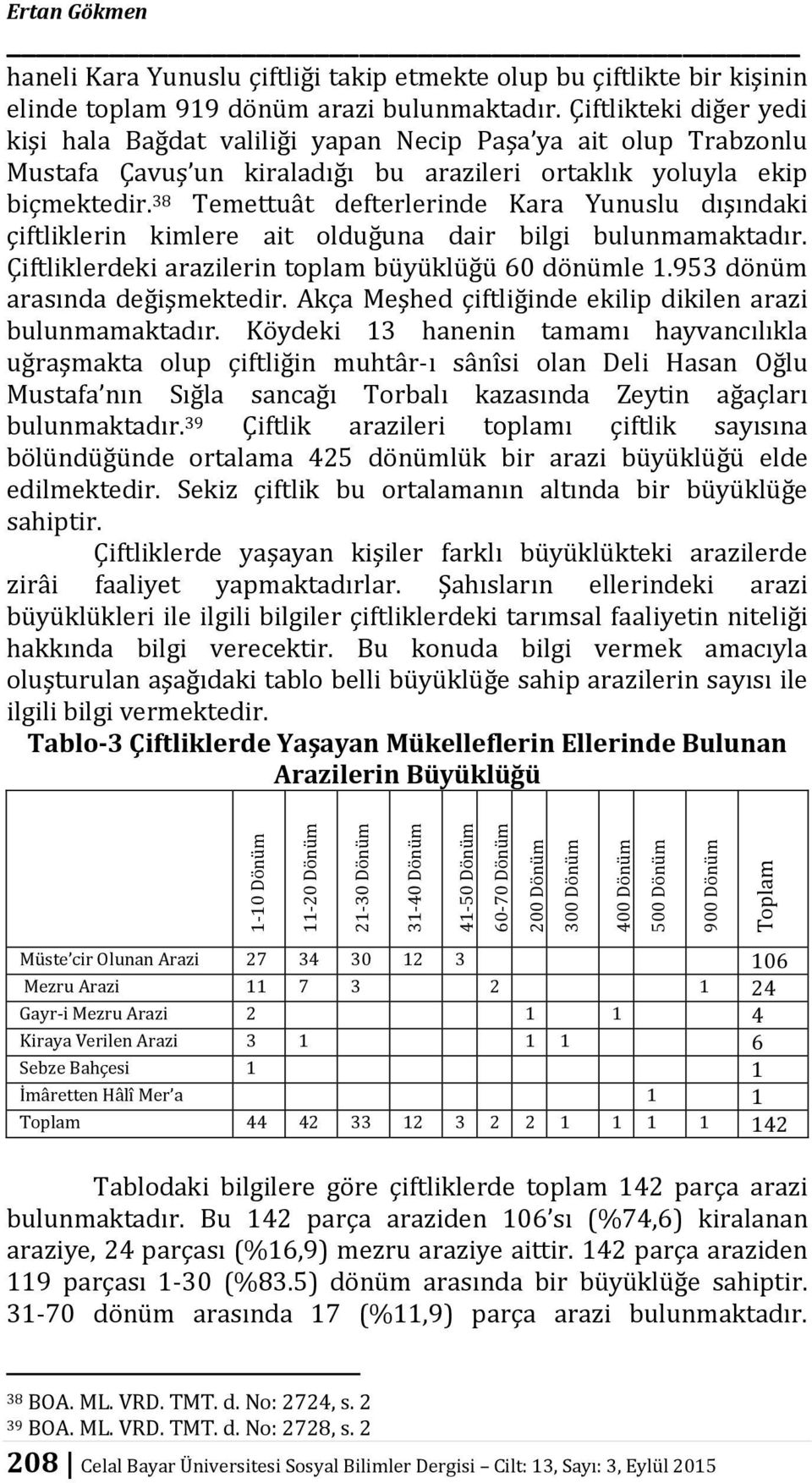 38 Temettuât defterlerinde Kara Yunuslu dışındaki çiftliklerin kimlere ait olduğuna dair bilgi bulunmamaktadır. Çiftliklerdeki arazilerin toplam büyüklüğü 60 dönümle 1.