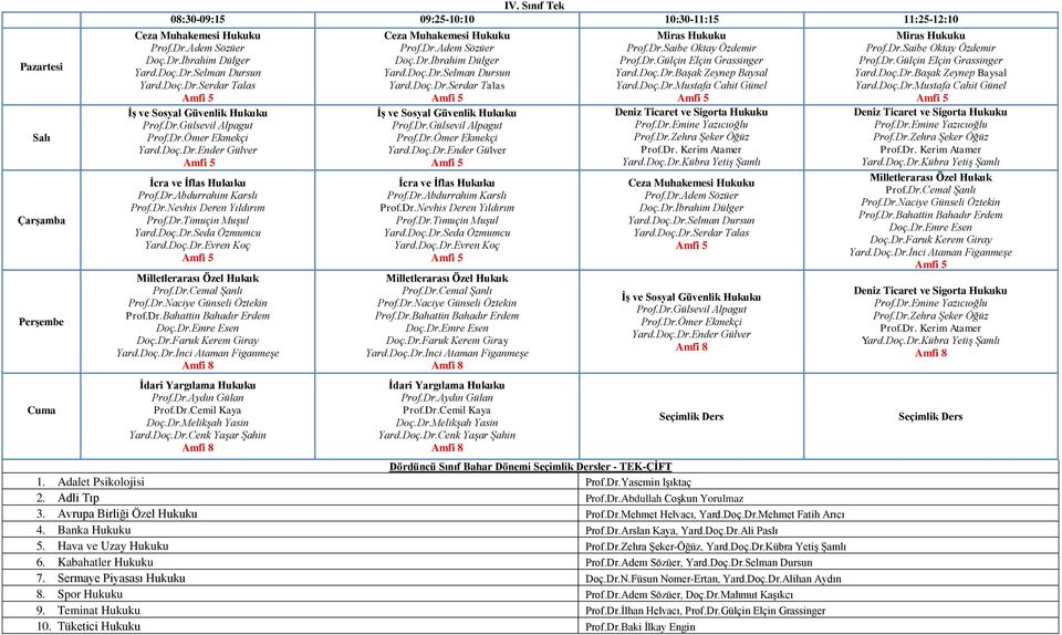 Hukuku Dördüncü Sınıf Bahar Dönemi ler - TEK-ÇİFT 1. Adalet Psikolojisi Prof.Dr.Yasemin Işıktaç 2. Adli Tıp Prof.Dr.Abdullah Coşkun Yorulmaz 3.