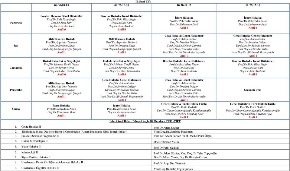 Dr.Kahraman Berk Prof.Dr.Zehreddin Aslan Doç.Dr.Kahraman Berk İkinci Sınıf Bahar Dönemi ler - TEK -ÇİFT Genel Hukuk ve Türk Hukuk Tarihi Prof.Dr.Fethi Gedikli Doç.Dr.Cihan Osmanağaoğlu Karahasanoğlu Yard.