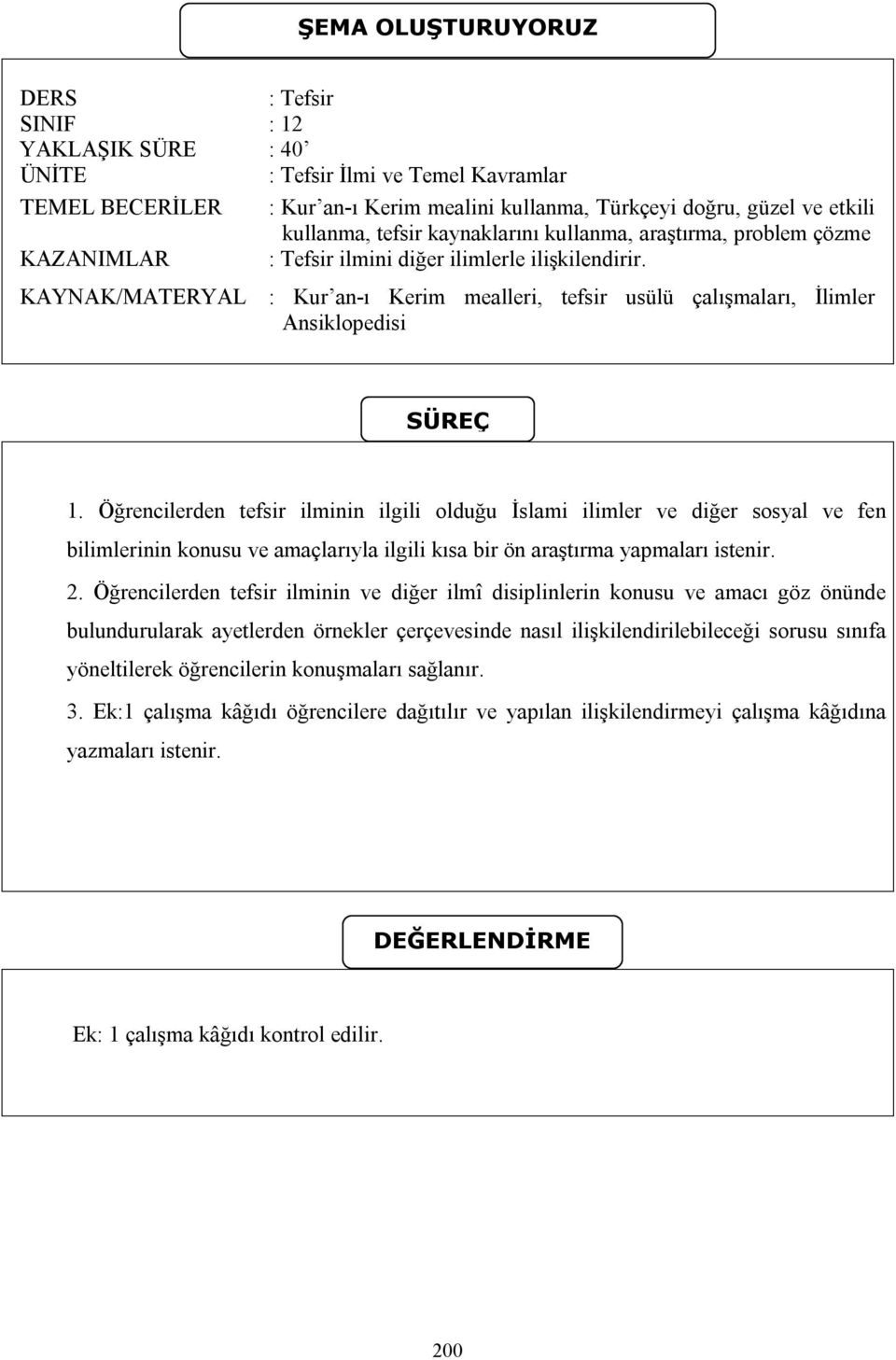 KAYNAK/MATERYAL : Kur an-ı Kerim mealleri, tefsir usülü çalışmaları, İlimler Ansiklopedisi SÜREÇ 1.