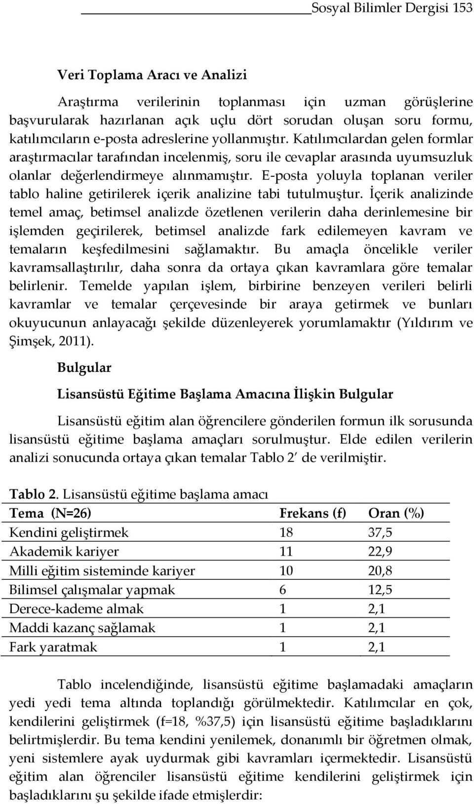 E-posta yoluyla toplanan veriler tablo haline getirilerek içerik analizine tabi tutulmuştur.