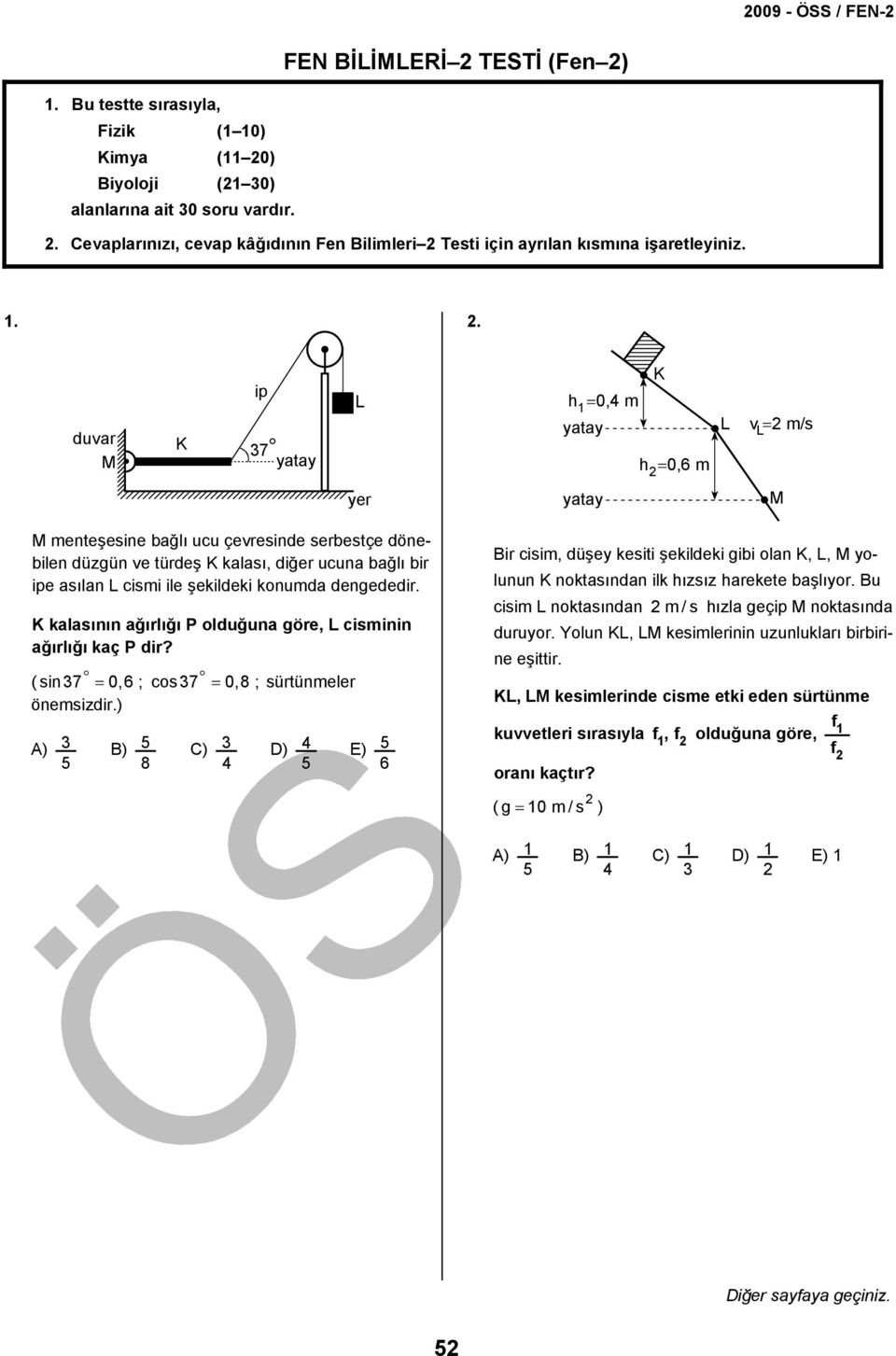 . duvar M ip 37 yatay h 1=0, m yatay h =0,6 m v = m/s yer yatay M M menteşesine bağlı ucu çevresinde serbestçe dönebilen düzgün ve türdeş kalası, diğer ucuna bağlı bir ipe asılan cismi ile şekildeki