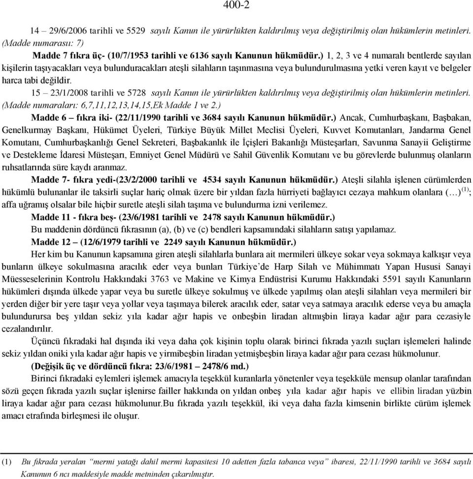 ) 1, 2, 3 ve 4 numaralı bentlerde sayılan kişilerin taşıyacakları veya bulunduracakları ateşli silahların taşınmasına veya bulundurulmasına yetki veren kayıt ve belgeler harca tabi değildir.