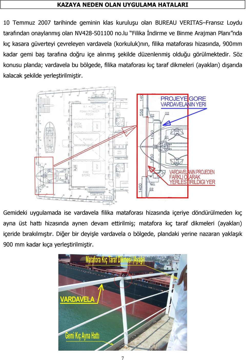 olduğu görülmektedir. Söz konusu planda; vardavela bu bölgede, filika mataforası kıç taraf dikmeleri (ayakları) dışarıda kalacak şekilde yerleştirilmiştir.